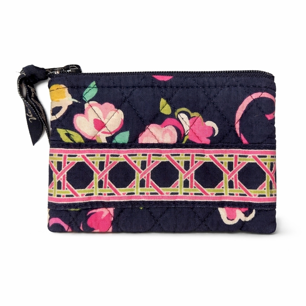 Vera Bradley Ribbons Quilted Zip Coin Pouch Wallet Navy Pink Floral